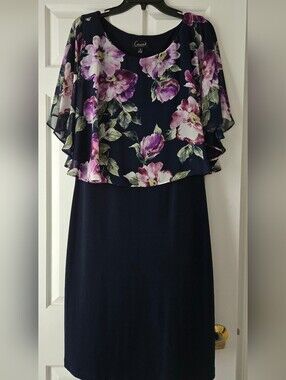 Connected Apparel Size 12 Navy Floral Overlay Midi Dress Summer Vacay Wedding